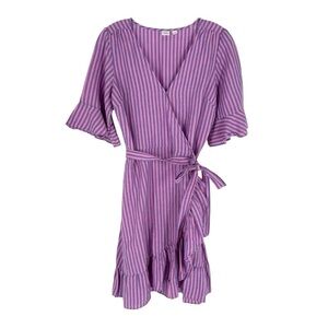 Gap Linen Cotton Wrap Dress Womens Size Small Pink Blue Stripe Ruffle Flounce